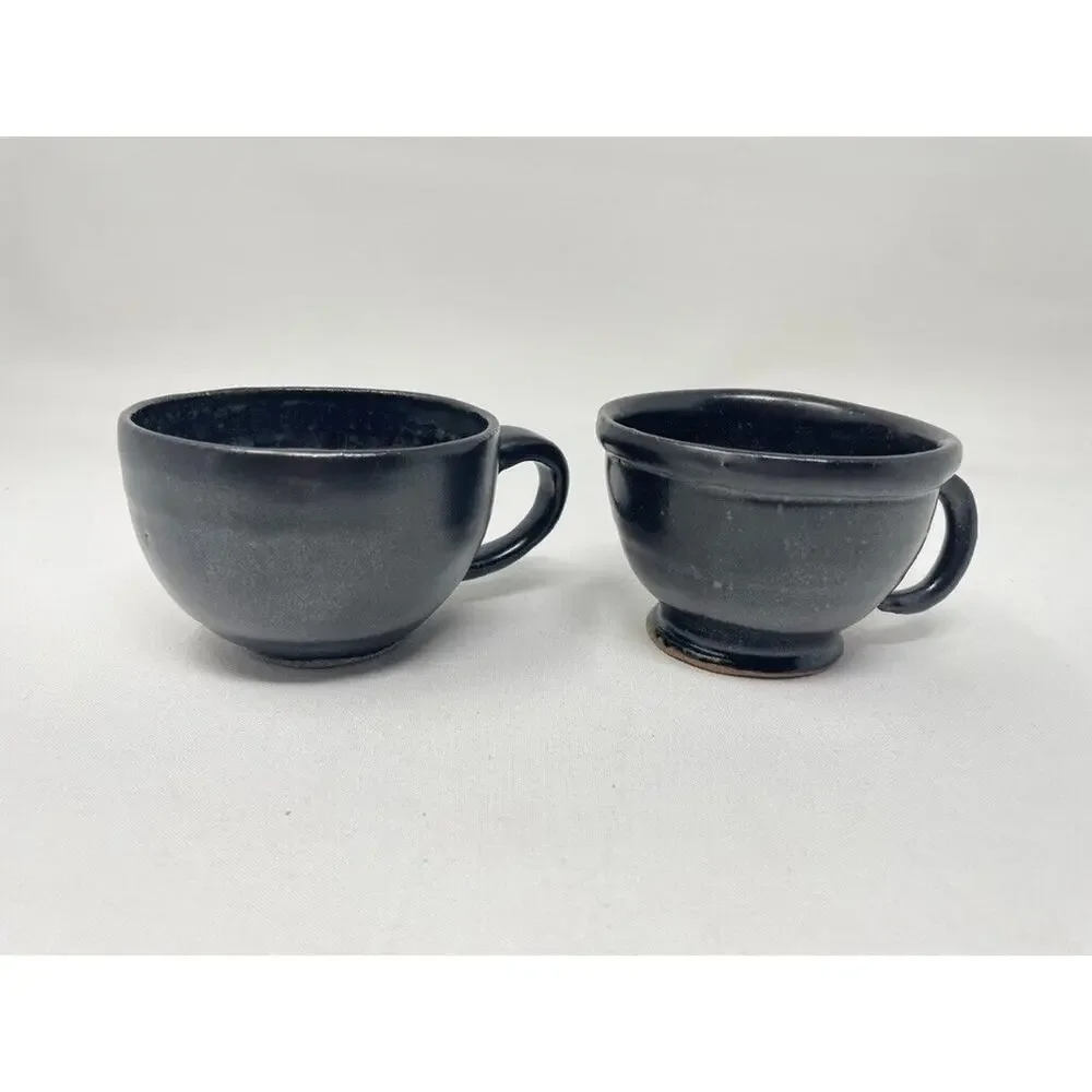 Coffee‎ Mug Set Pottery Hand Thrown Signed 8oz Short Dark